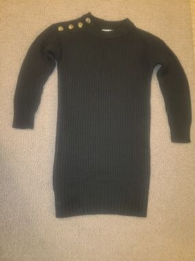 Kids Navy Blue Crewneck Ribbed Sweater Dress with Shoulder Buttons